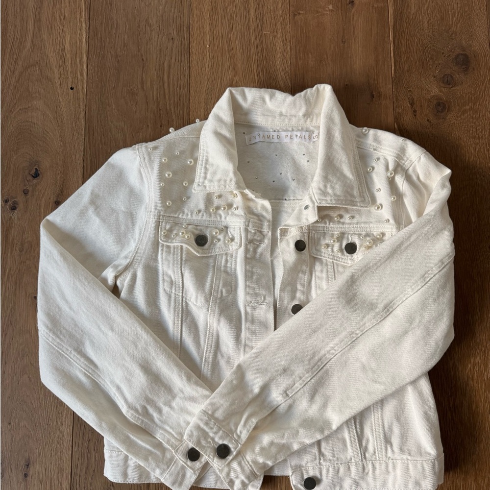 Anthropologie White Jean Jacket with Pearl Accents